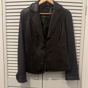 Tahari Women's Brown Leather Blazer with Ruffle Accents